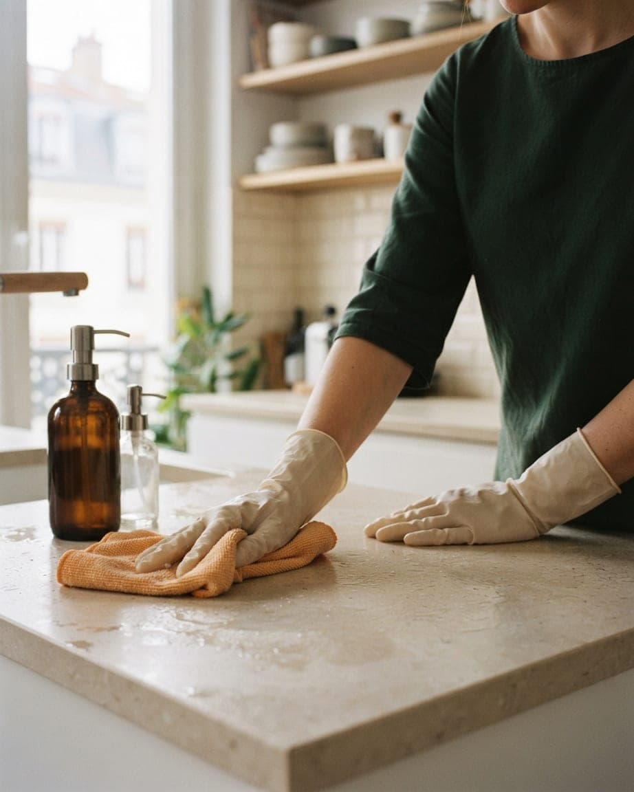 Gants beiges et chiffon orangé sur un plan de travail en pierre claire, deux flacons à pompe à gauche