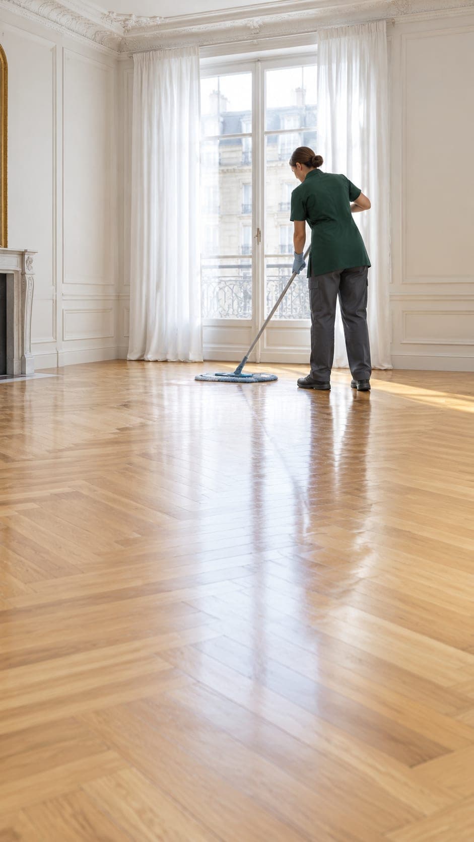 Une femme en tunique verte lave à la serpillière un parquet en chevrons brillant devant une porte-fenêtre aux rideaux blancs