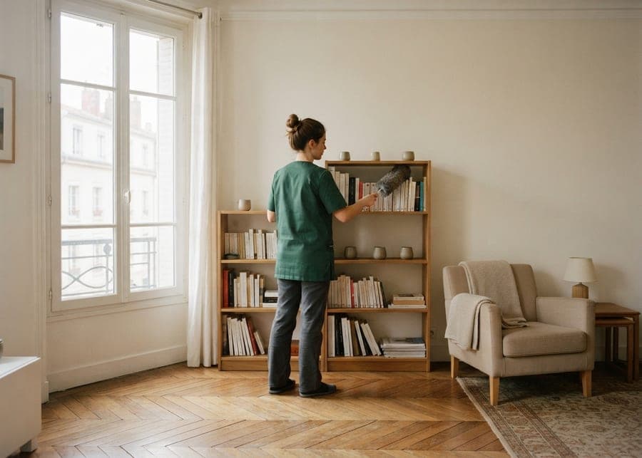 Une femme en tunique verte époussette une bibliothèque dans un séjour à parquet en point de Hongrie